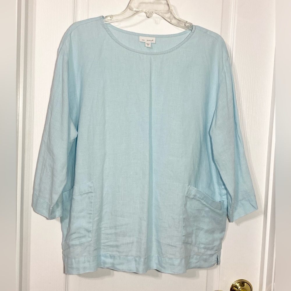 Pure Jill LINEN 3/4 Sleeve Tunic Top w/ Front Pockets Light Blue Medium J.Jill